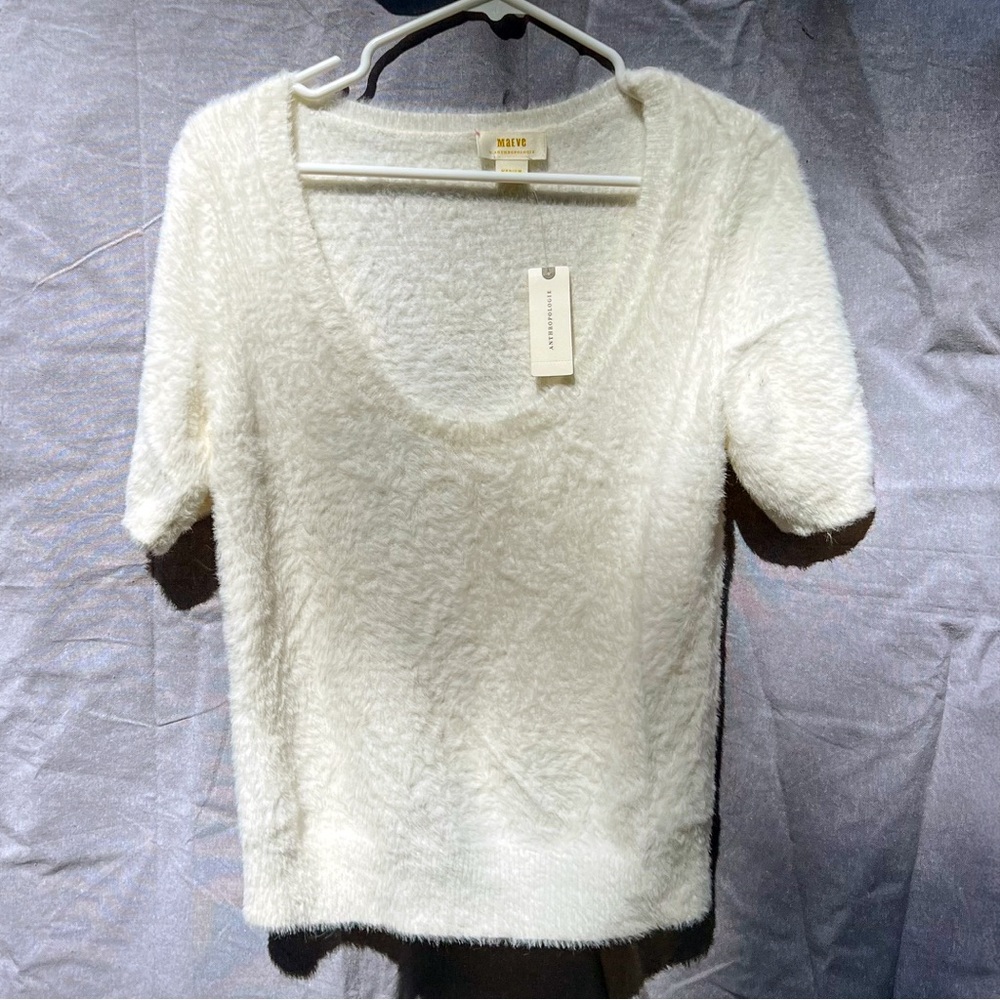 NWT Anthropologie Maeve fuzzy white scoop neck shirt medium